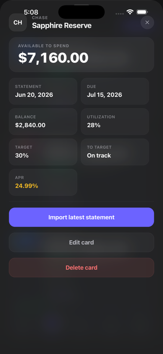 IntelliCard card detail screen showing available credit, statement date, due date, balance, utilization, target, and APR