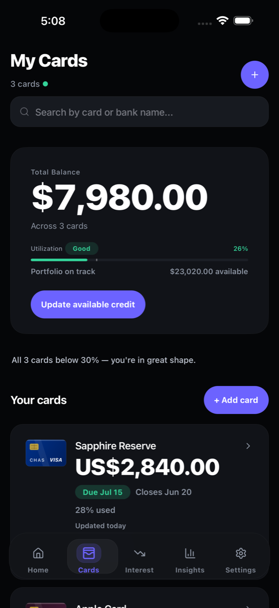 IntelliCard Cards screen showing total balance, portfolio utilization, and individual card details