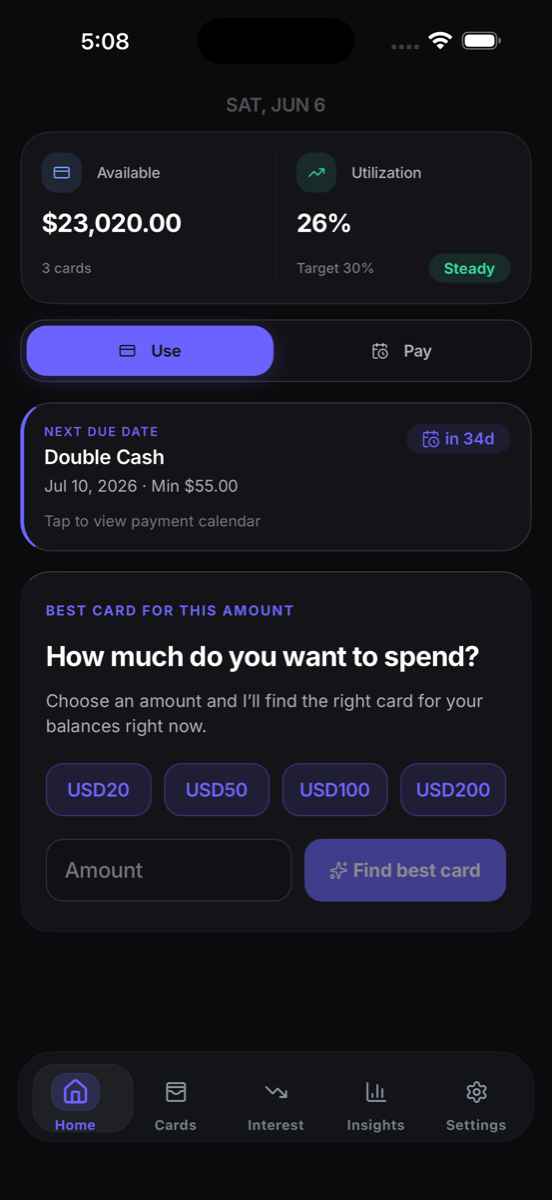 IntelliCard Home screen showing available credit, utilization, the next due date, and the card recommendation tool