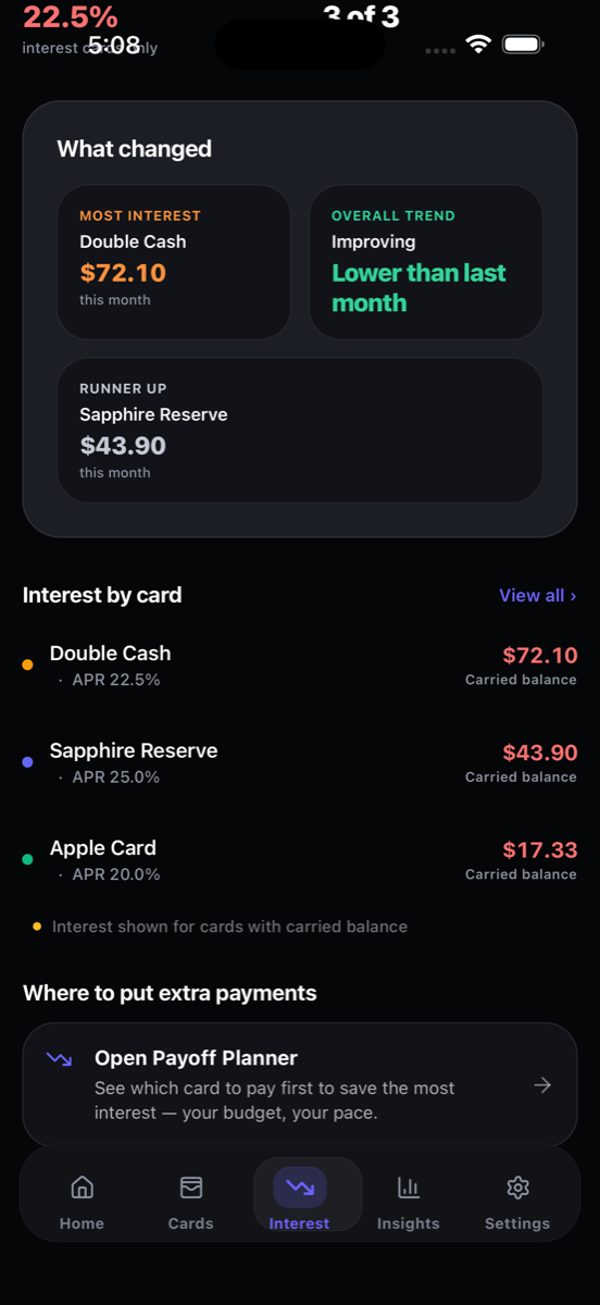 IntelliCard Interest screen comparing interest by card and linking to the payoff planner