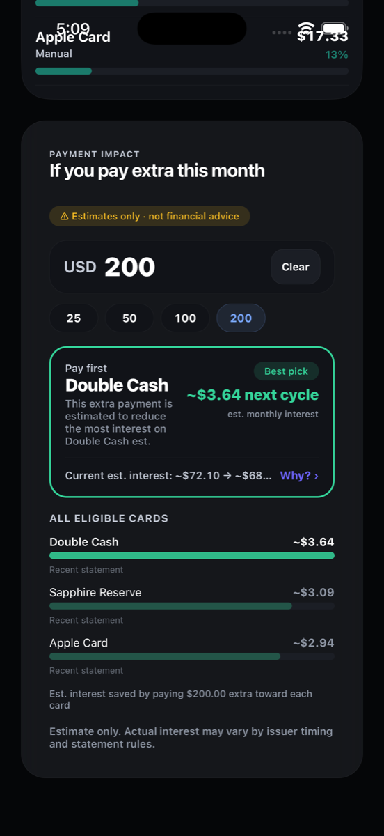 IntelliCard payment impact screen showing which card to pay first and estimated next-cycle interest reduction